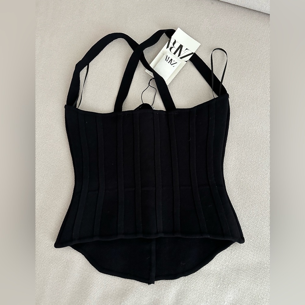 ZARA NEW WITH TAGS BLACK CROSS BACK KNIT CORSET TOP BUTTON FRONT SIZE XSMALL - Picture 4 of 11